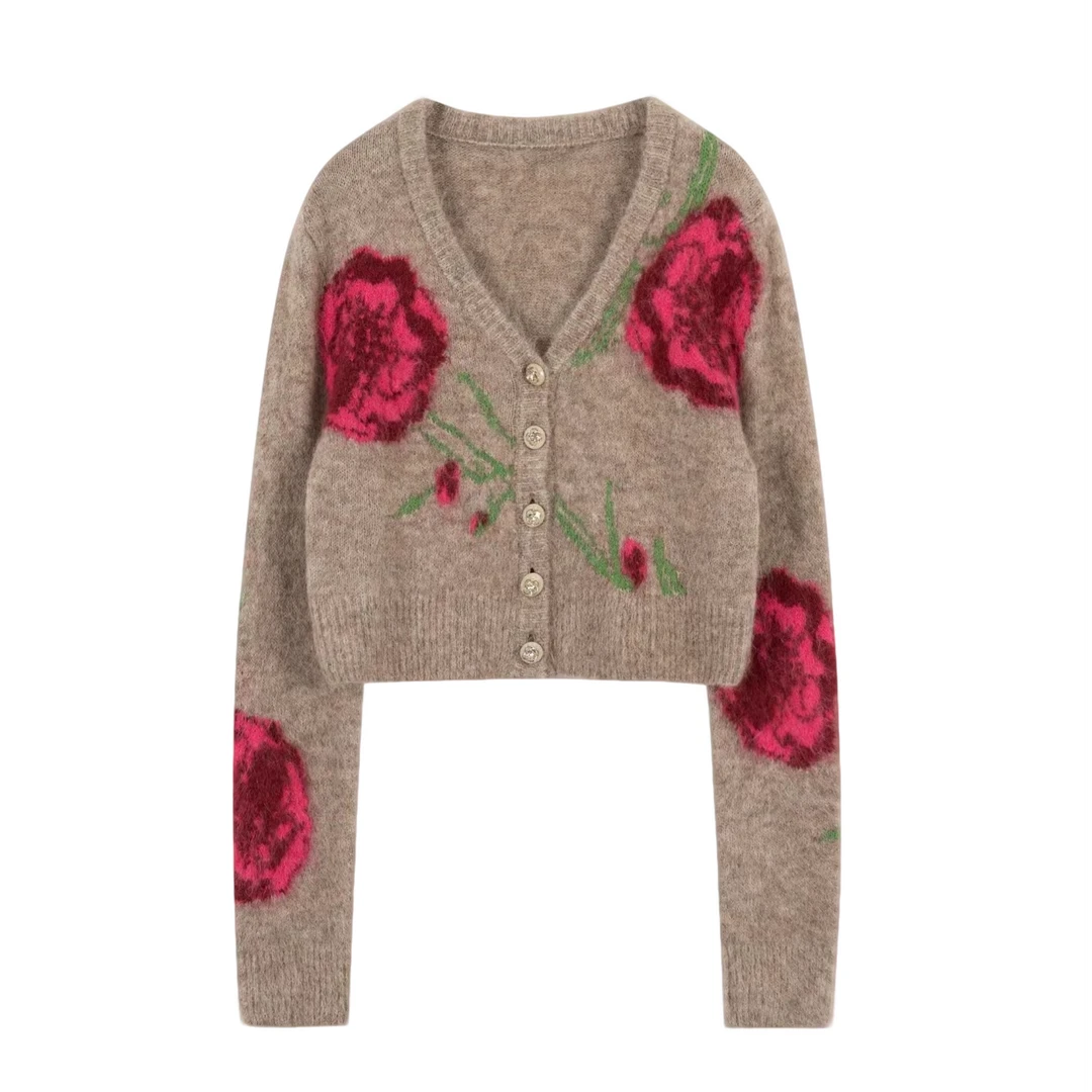 秋冬新款慵懒复古气质时尚玫瑰针织开衫上衣女