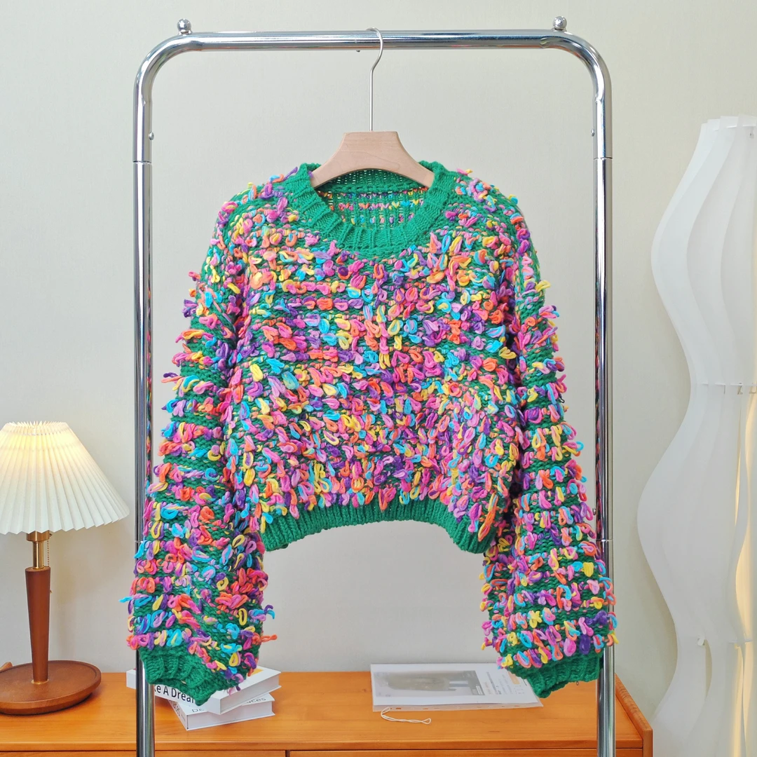 【多彩圈圈】彩杂线重工全手工粗流苏套头毛衣针织衫上衣女.Y7267