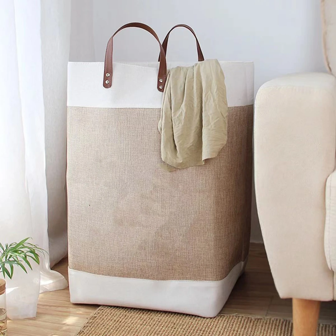 新人20白咖色拼接带皮把手收纳袋高品质家用脏衣篮布艺可折叠