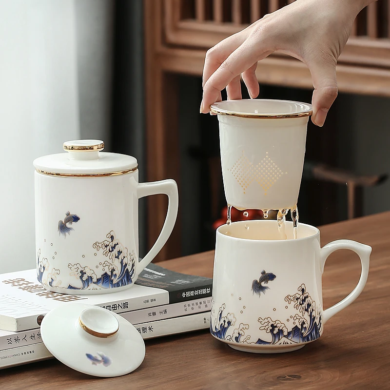 羊脂玉茶杯茶水分离陶瓷办公室带盖泡茶过滤男女专用杯子定制logo