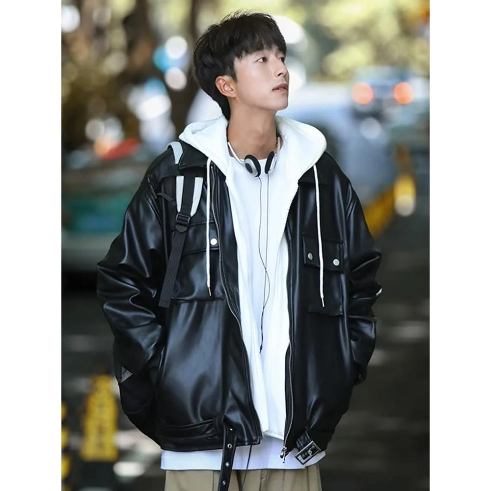 春秋连帽棉服男士冬季假两件pu皮外套男生休闲棉衣痞帅夹棉加厚子