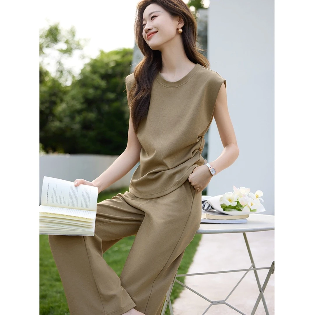 美时髦通勤无袖T恤松紧长裤百搭套装2024夏新款休闲两件套