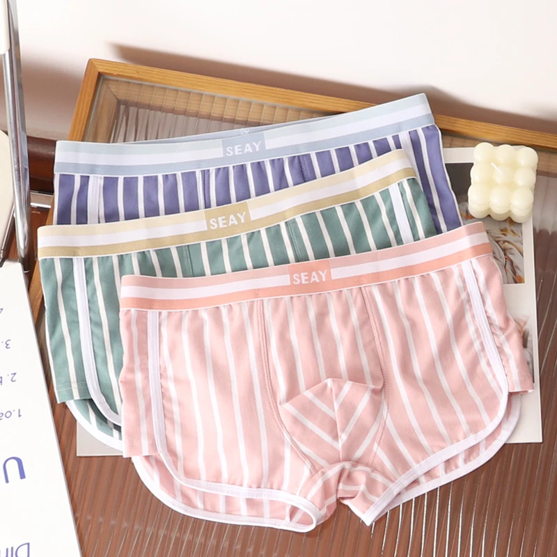 男士内裤棉质条纹平角裤舒适男生短裤透气运动四角裤宽松内穿睡裤