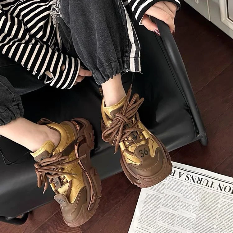 欧货断码｜潮流百搭｜真皮羊皮垫脚拼色增老爹鞋女