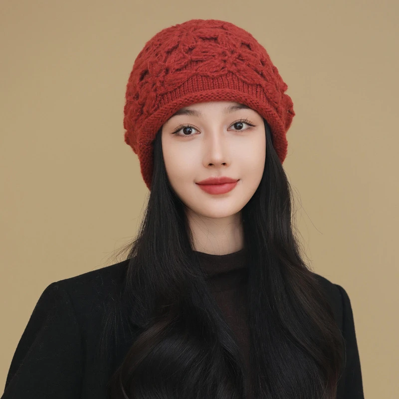 手工钩花帽子女秋冬百搭保暖柔软花朵套头帽双层针织毛线帽包头帽