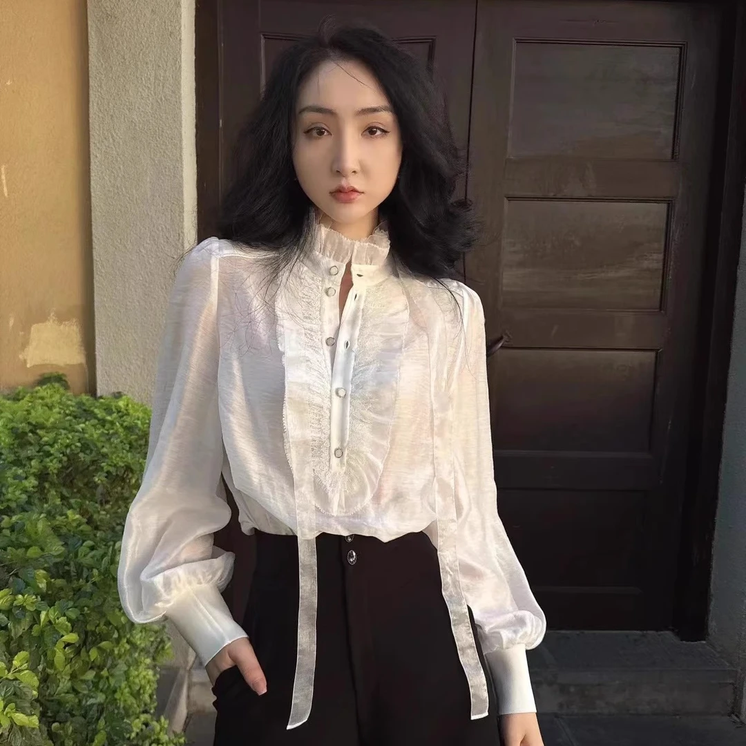 【商场同款】女装2025夏季镂空长袖复古宫廷风立领飘带衬衫5301033