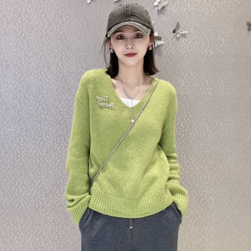 【商场同款】2025新款宽松V领慵懒风落肩针织毛衣上衣时尚1399670