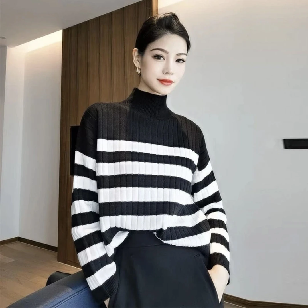 【商场同款】秋冬长袖针织衫黑白宽松百搭时尚套头高领毛衣保暖542