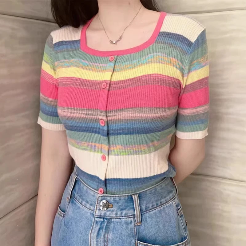 【商场同款】显瘦多巴胺彩色条纹方领短袖针织T恤女5399641