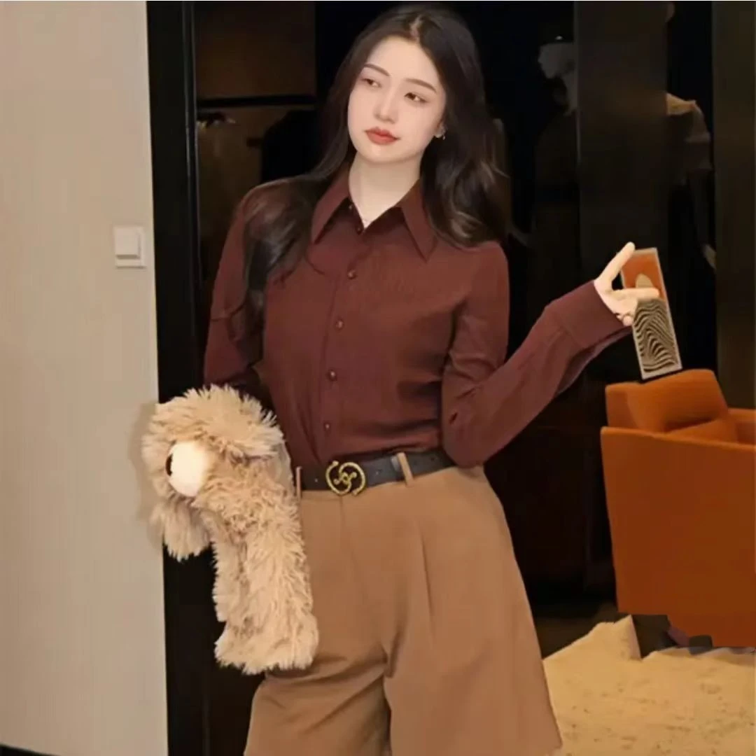 【商场同款】2025春夏新款复古修身显瘦百搭翻领弹力衬衫女1301038