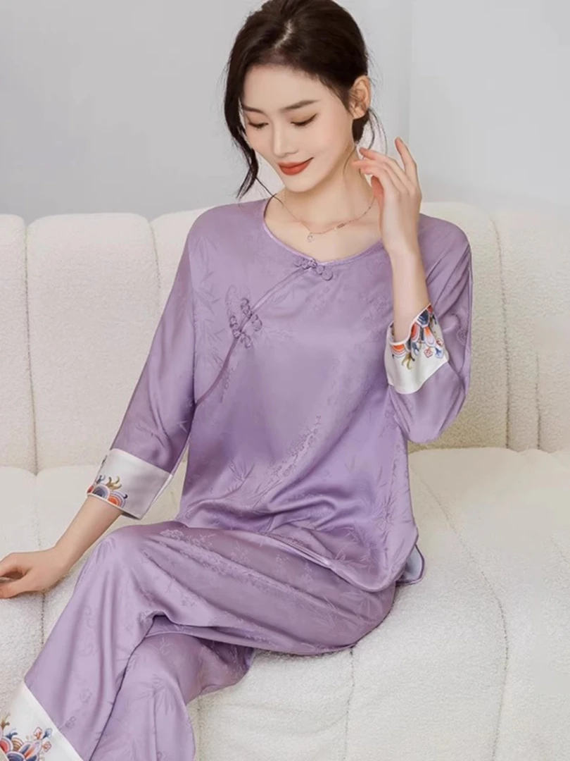 睡衣女冰丝春夏新款新中式国风睡衣仿丝绸长袖家居服两件套可外穿