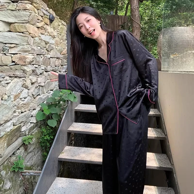 黑色睡衣女冰丝2024新款春夏季缎绸套装薄款提花爱心可外穿家居服