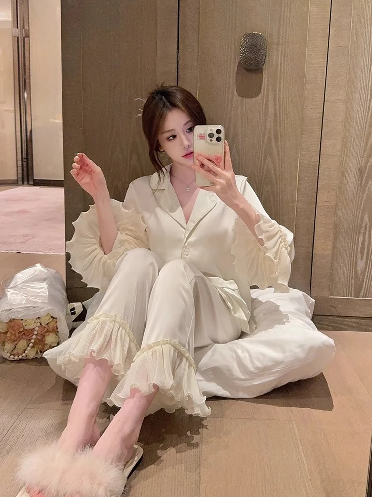 女士性感高级感法式睡衣女春秋冰丝长袖官廷女款家居服套装可外穿
