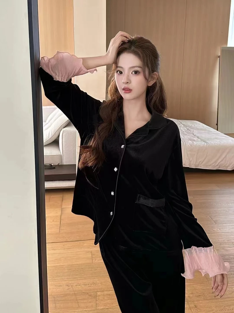 睡衣女款爆款2024新款海岛绒秋冬薄绒喇叭袖秋季长袖网红家居服装