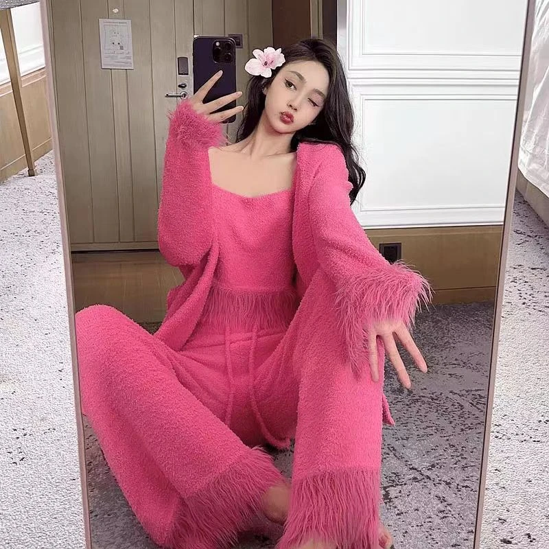 半边绒2025新睡衣女款秋冬季加绒加厚软绵绵保暖家居服三件套装