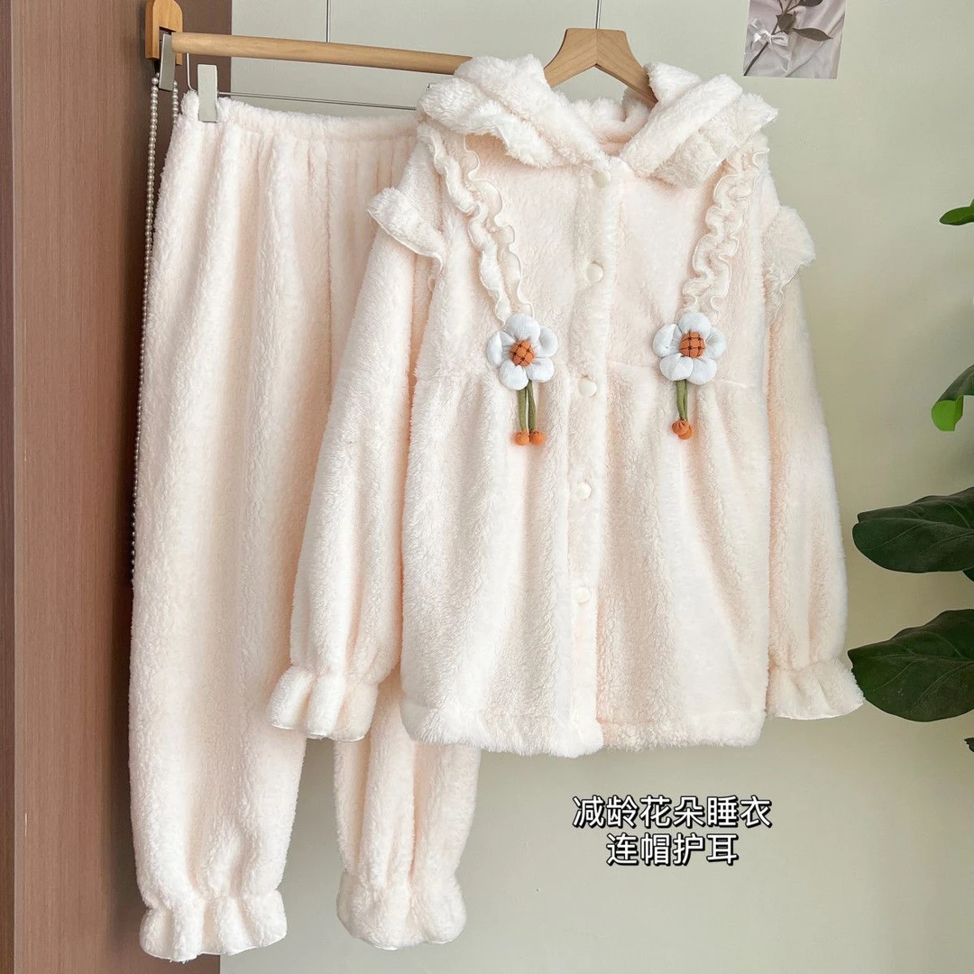 珊瑚绒睡衣女秋冬季女士套装加绒加厚连帽保暖冬天家居服可外穿