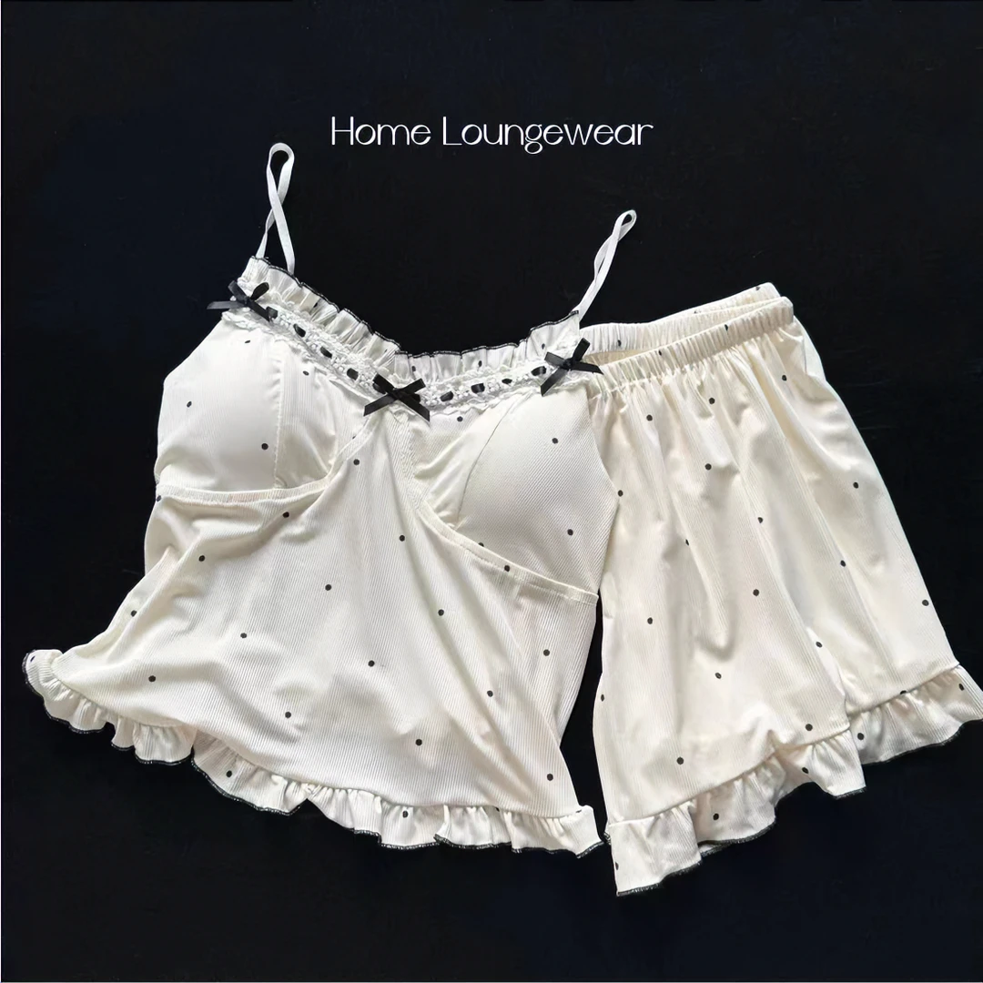 代尔睡衣女夏季软糯甜美风圆点吊带短袖短裤夏天春夏带胸垫家居服