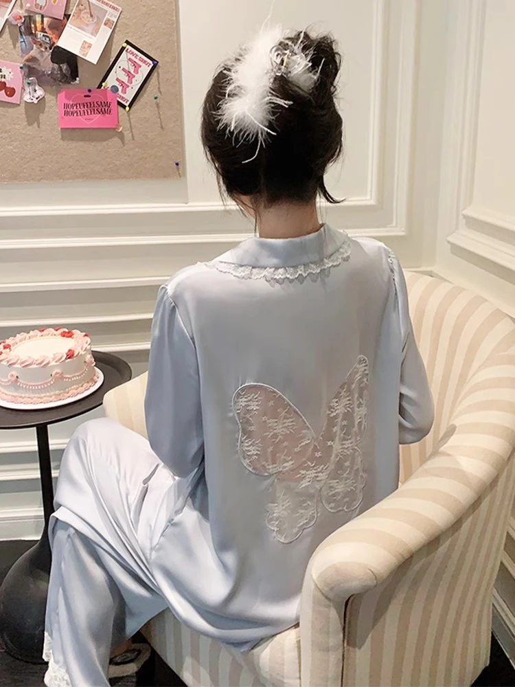 睡衣女款爆款2024新款春秋季长袖冰丝蝴蝶甜美蕾丝花边高级感家居