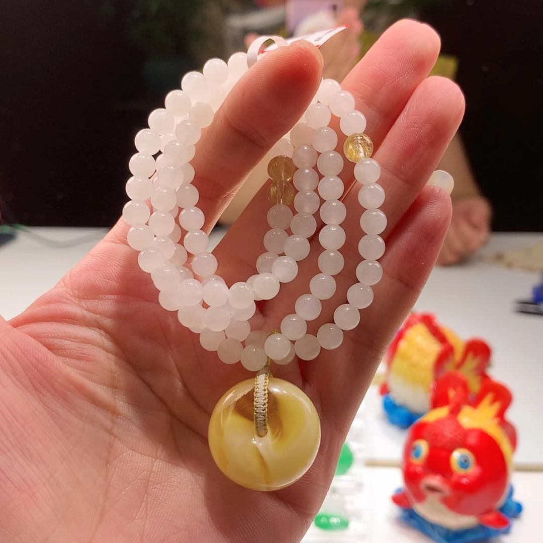 【闪购商品】和田玉（白玉）颈饰未镶嵌6mm白玉 金白蜜蜡胖扣