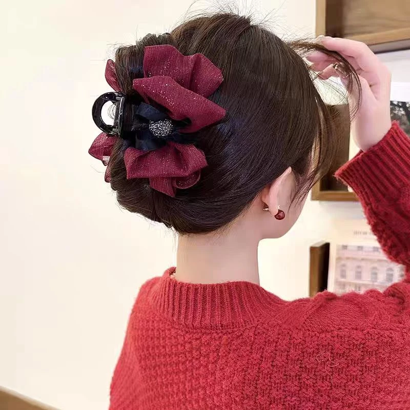 铂之烨网纱蝴蝶结抓夹女新款盘发鲨鱼夹半扎发夹子优雅气质发饰