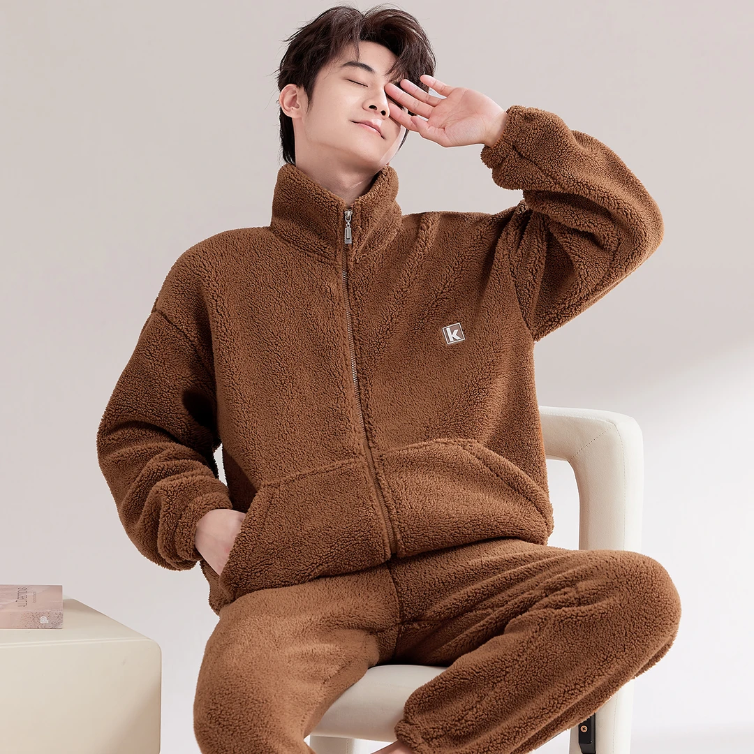 可外穿暖绒保暖家居服睡衣套装秋冬新款北羔绒男大码宽松加绒加厚