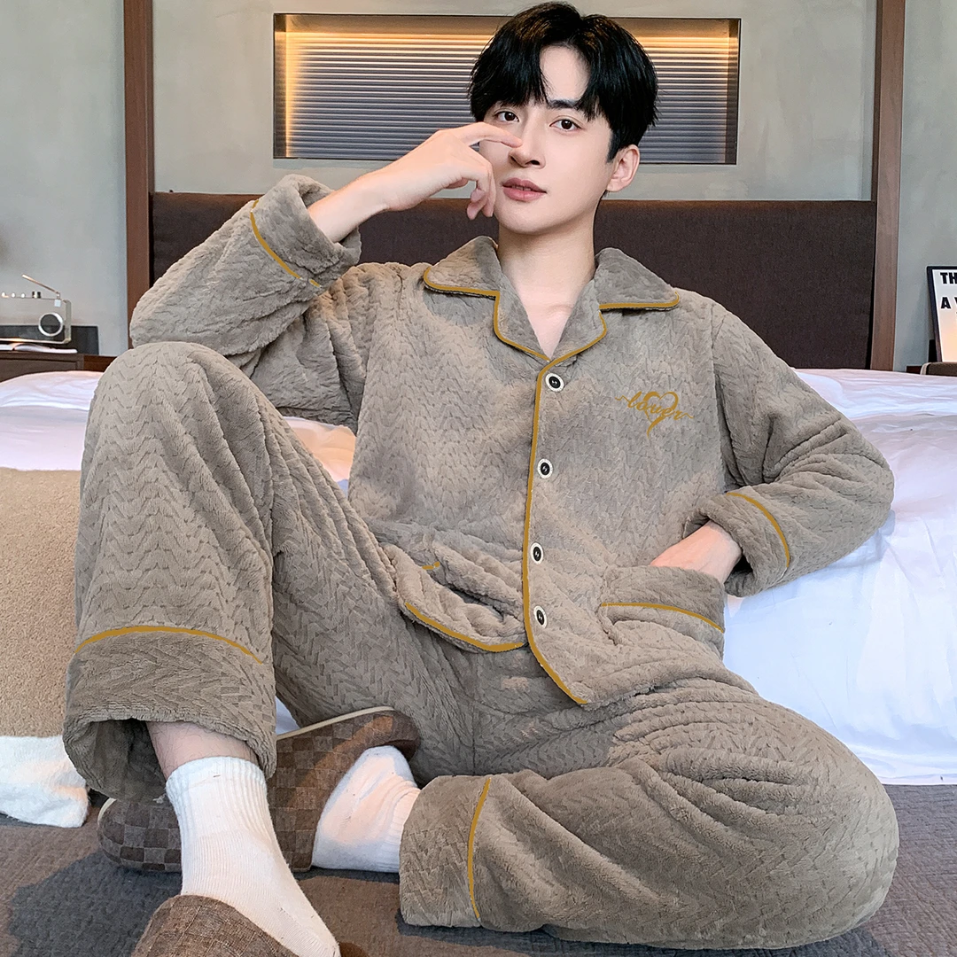 海岛绒雕花男士可外穿家居服秋冬天保暖睡衣宽松休闲暖绒两件套装