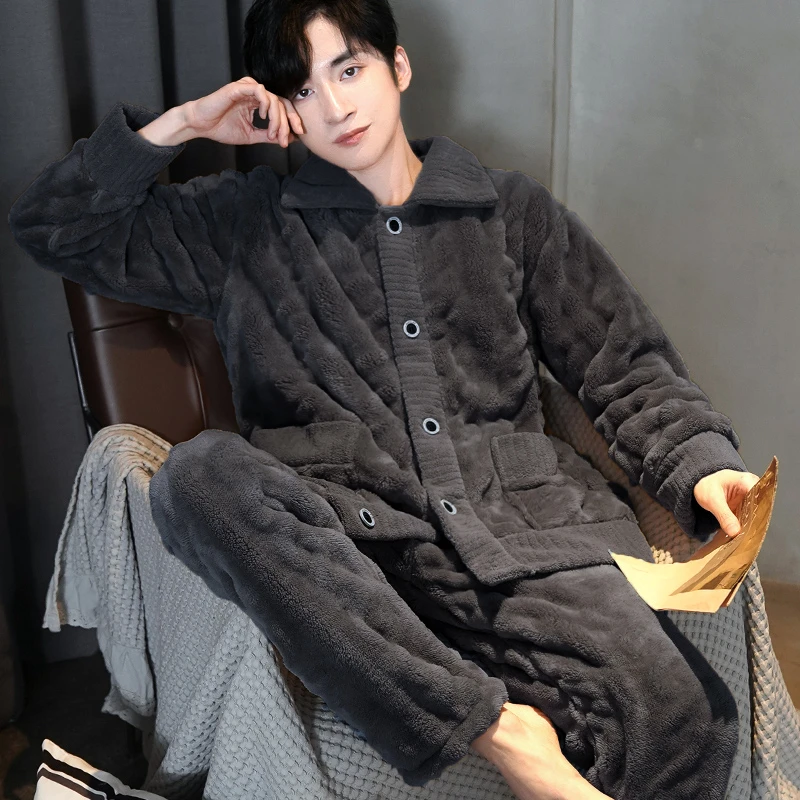 冬季家居服套装男士可外穿秋款加厚保暖大码法兰绒睡衣加绒男青年