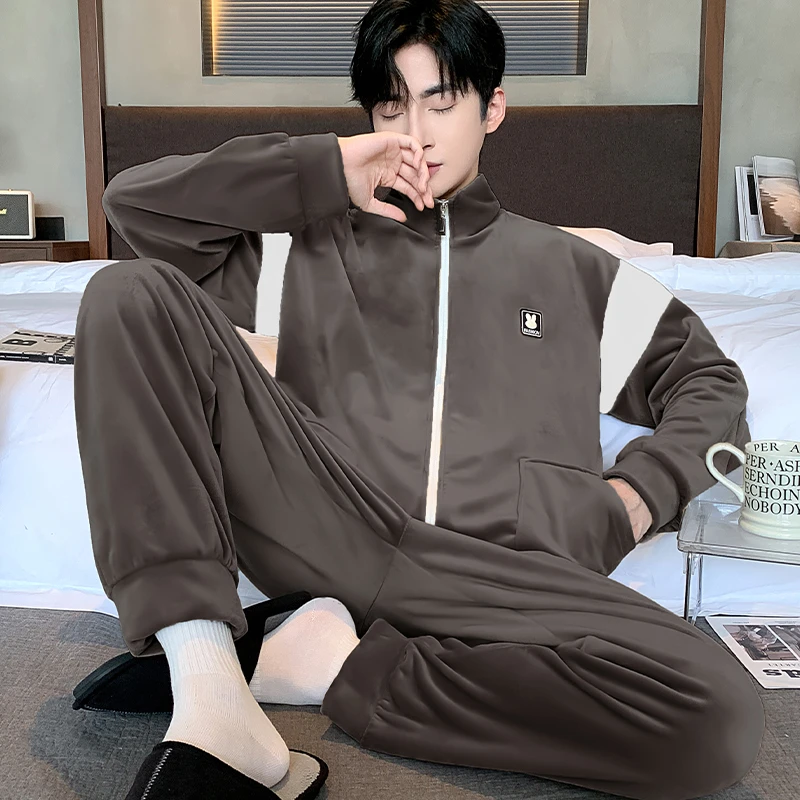 海岛绒睡衣男秋冬季宽松加绒加厚长袖保暖珊瑚绒春秋款家居服套装