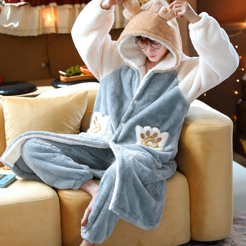 韩版男士卡通睡袍宽松大码家居服睡衣秋冬款绒套装加厚加绒法兰绒