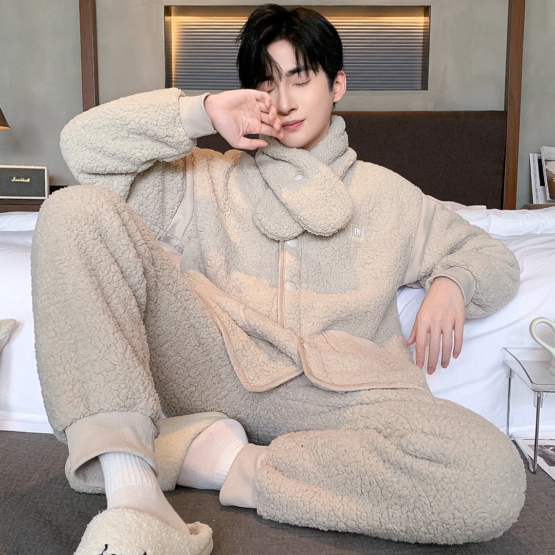 男可外穿保暖家居服套装法兰绒棒球领围巾款泡泡绒睡衣加厚可外穿