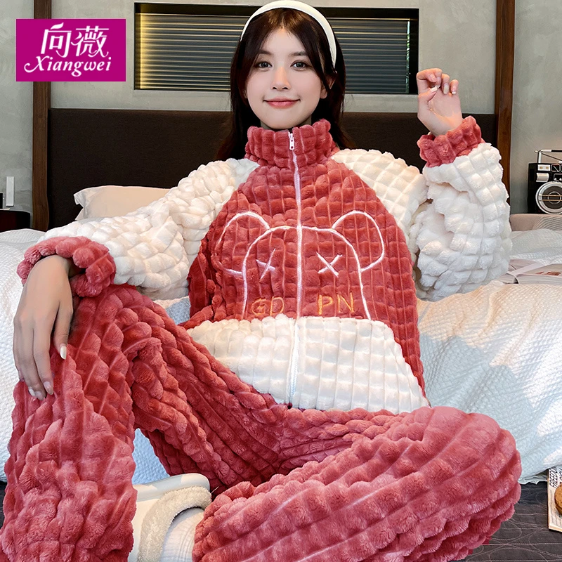 冬天可外穿法兰绒家居服女新款冬季睡衣珊瑚绒加绒加厚保暖可外穿