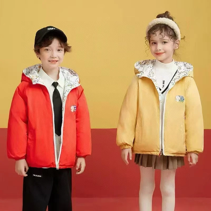 A005双面90绒羽绒服儿童童装纯色连帽碎花男女同款