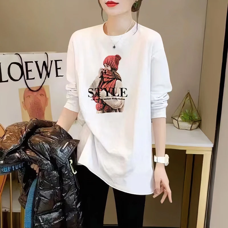 白色打底衫女秋冬洋气卫衣内搭2023纯棉新款加绒长袖T恤宽松长款