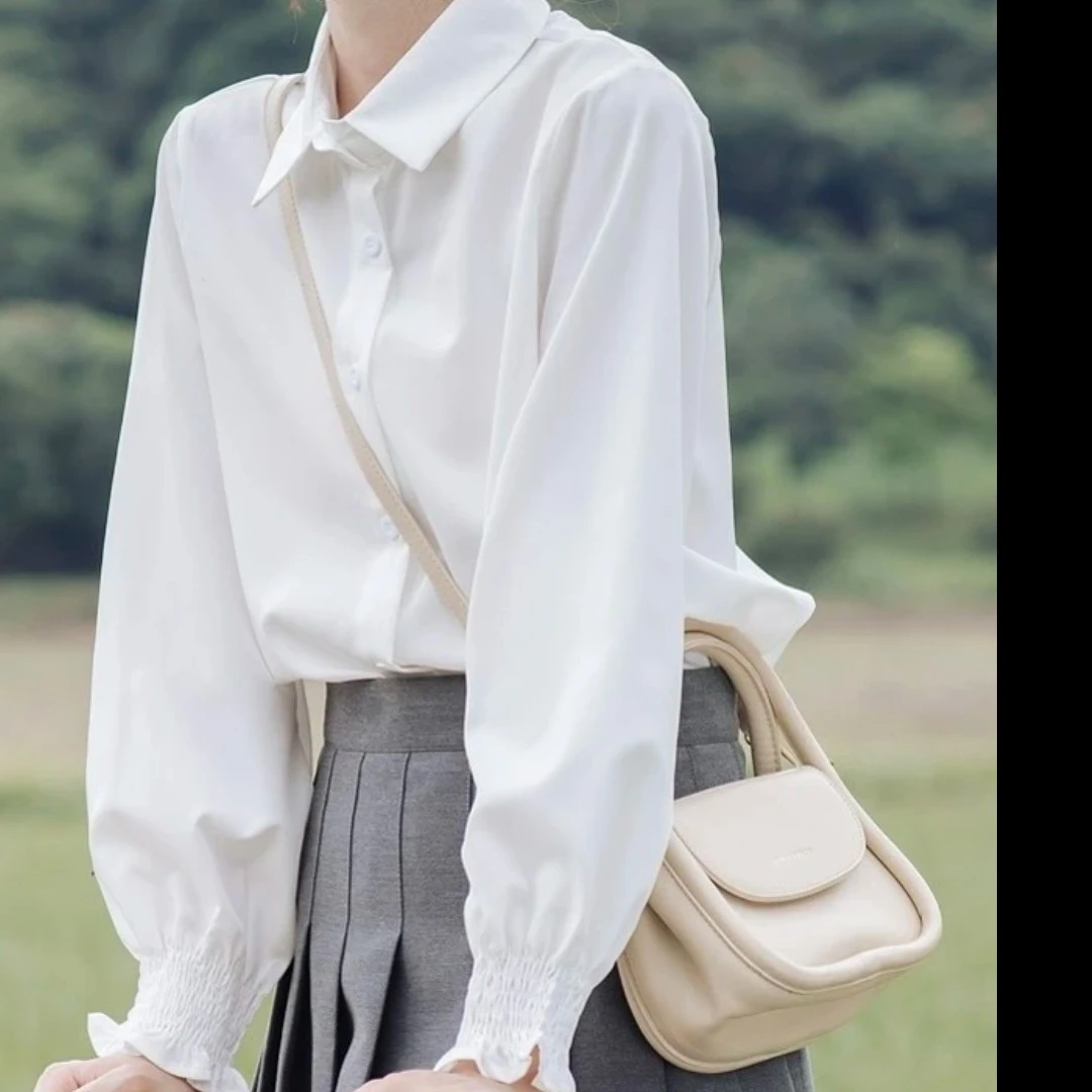 薄款衬衫春季秋季慵懒风甜美女装纯色设计感褶皱长袖小众打底雪纺