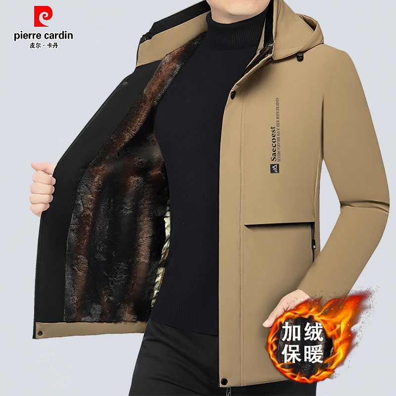 皮尔卡丹冬款棉衣保暖可脱卸帽加绒中年男士棉服夹克爸爸装外套