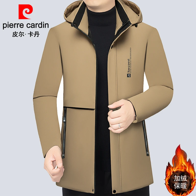 皮尔卡丹高档休闲男士外套保暖中年加绒加厚棉服冬季连帽棉衣新款