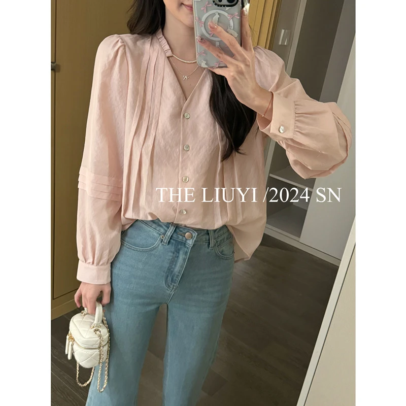 【LIUYI】粉蔷薇~v领气质长袖小衫上衣44049