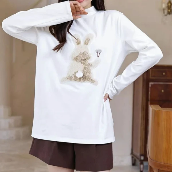 W美式复古宽松慵懒立体刺绣兔半高领卫衣B033