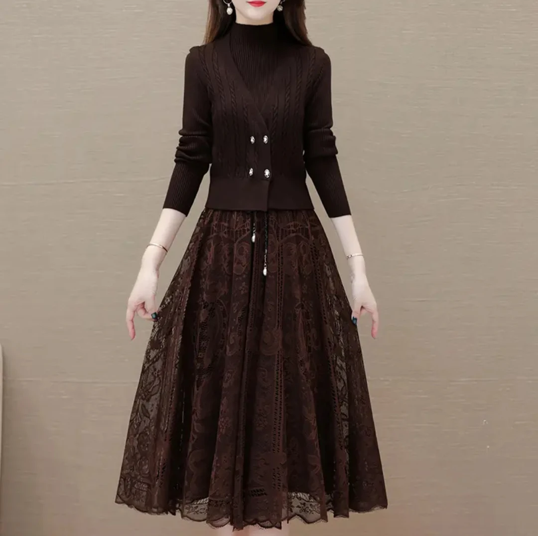 【现货】女装连衣裙长袖气质针织裙中长款百搭时尚打底复古蕾丝裙子