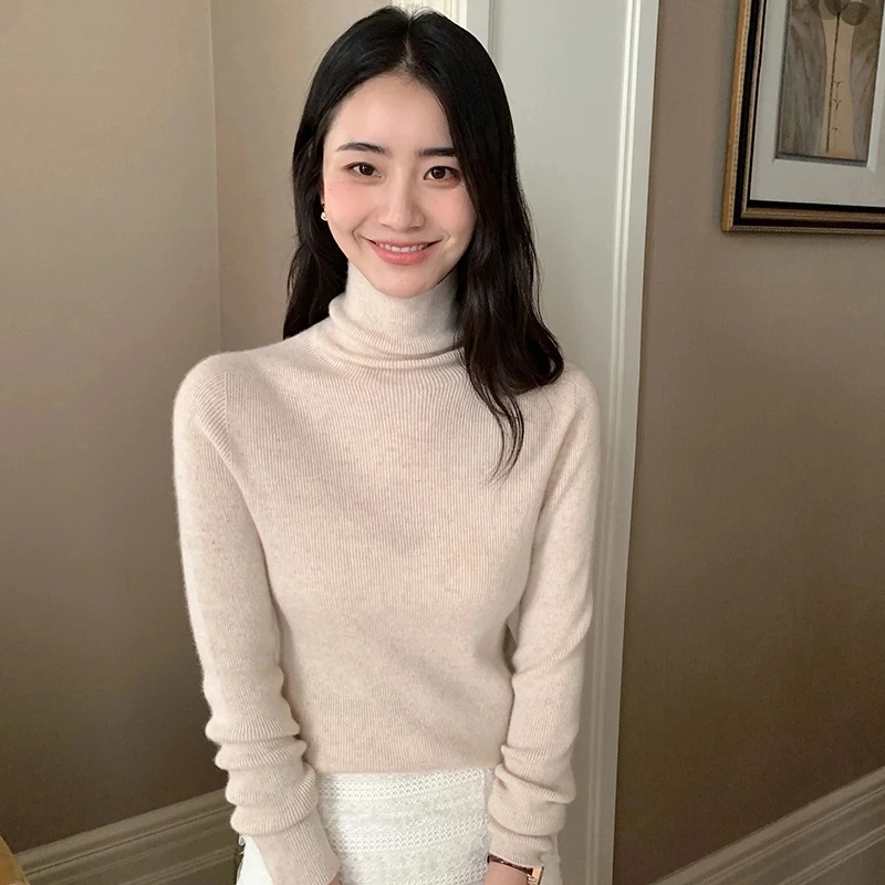 【一线成衣】100羊毛衫女士高堆堆领修身显瘦毛衣针织打底秋冬内搭