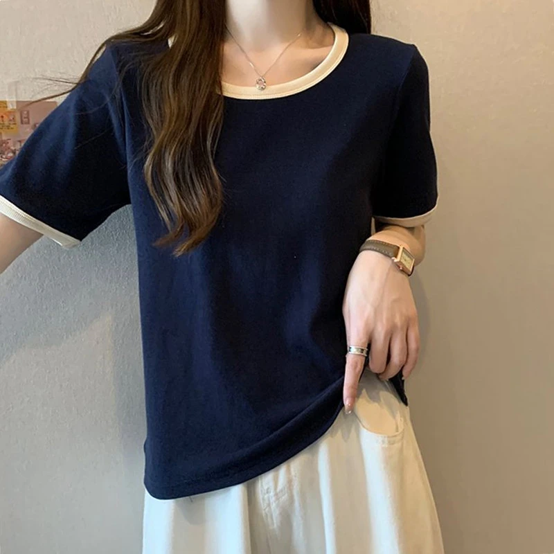 大码女装正肩u型领t恤女短袖夏季胖mm设计感撞色显瘦百搭短款上衣