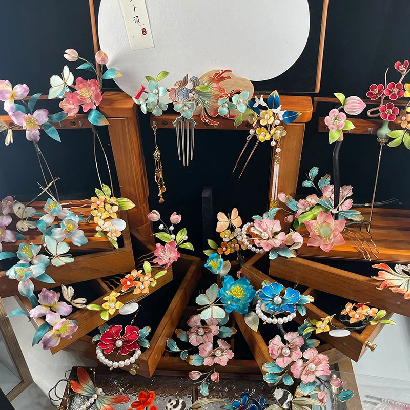 直播款非遗绒花胸针旗袍中国风手工古风仿点翠别针配饰