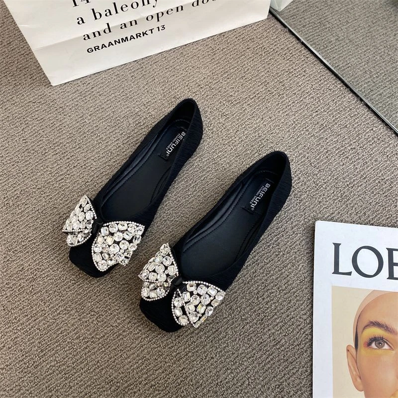 2024春夏新款蝴蝶结水钻浅口软底方头平底鞋气质脚蹬单鞋法式女鞋