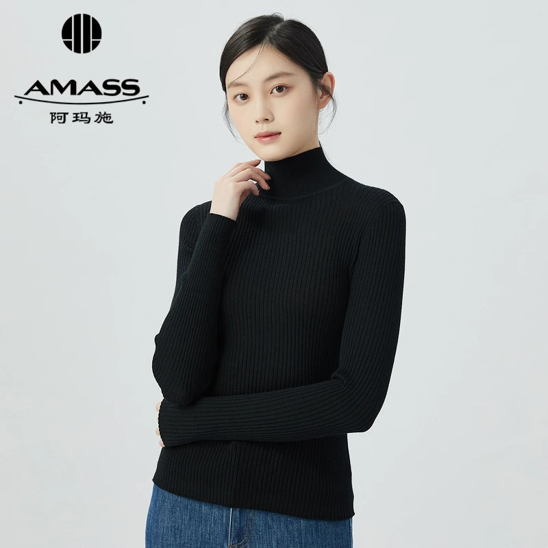 AMASS/阿玛施极简风素面坑条烟管领长袖针织羊毛衫打底5399640