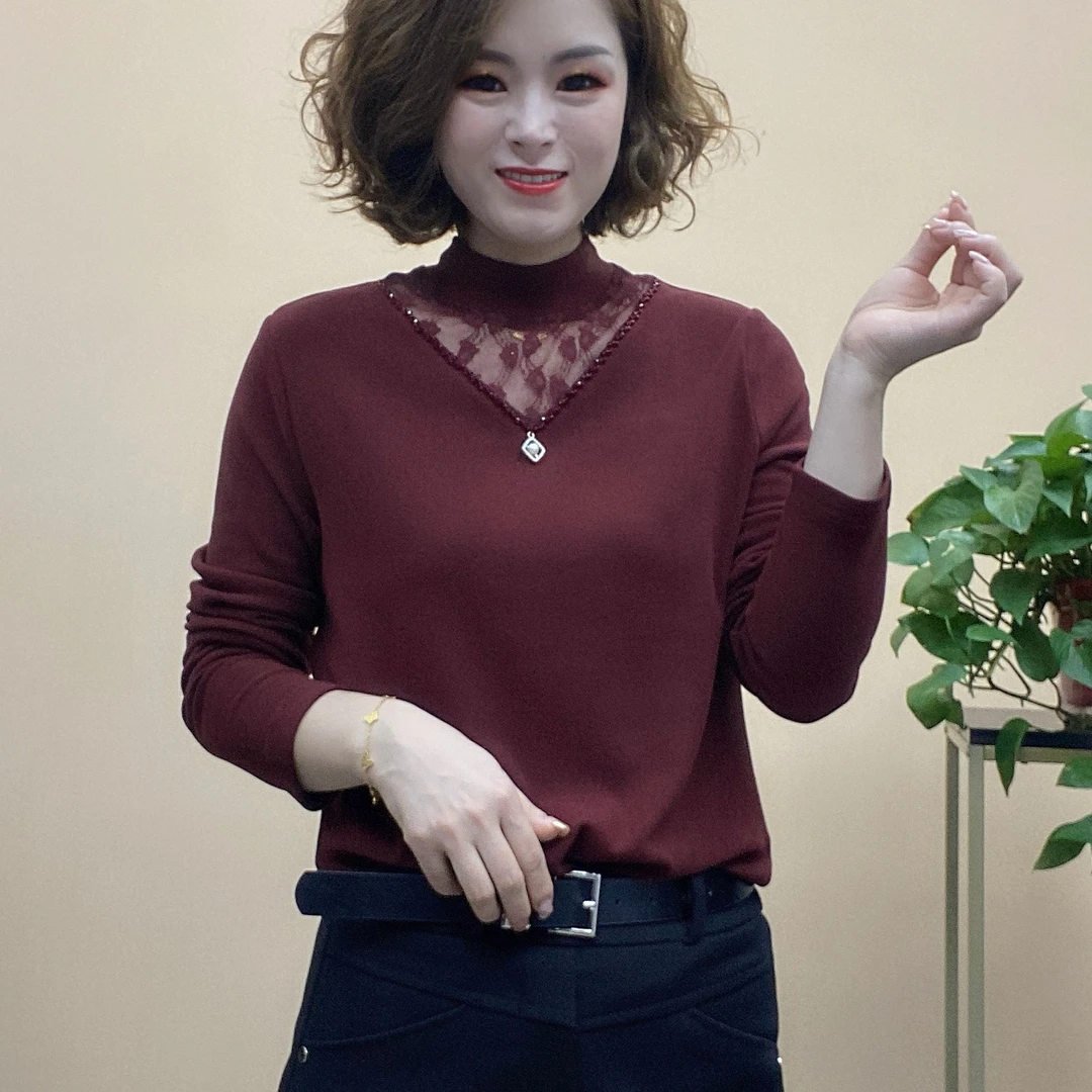 秋季新款半高领V型小挂坠精品百搭洋气时尚减龄显瘦长袖小衫8909