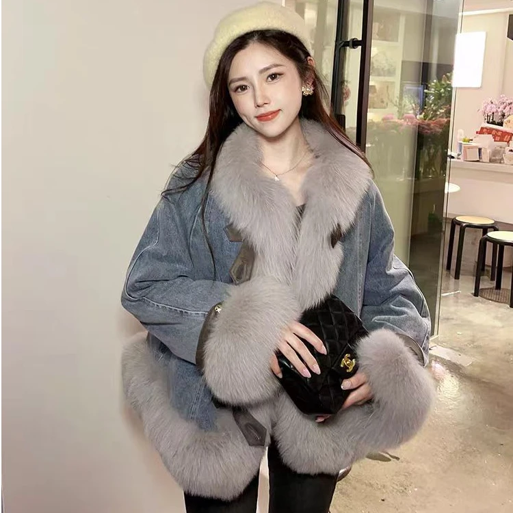 新中式国风皮扣牛仔棉服女士冬季保暖时尚百搭毛皮草拼接加绒外套