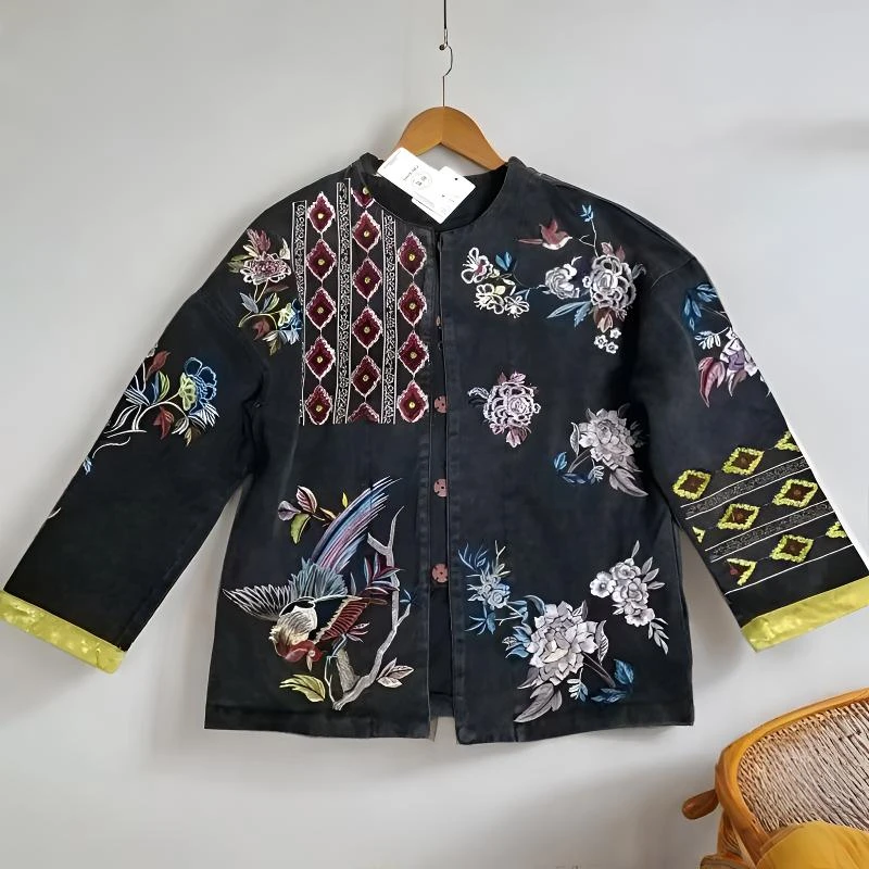 国风刺绣复古秋冬唐装外套女上衣高级洋气时尚百搭内衬衣服牛仔衣