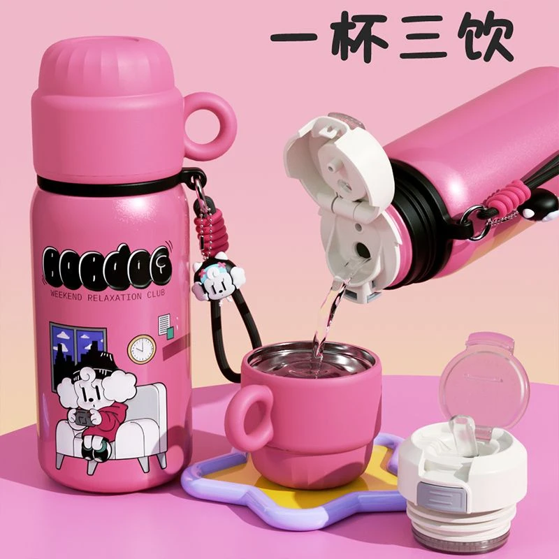 巴布豆可爱保温杯男学生女上学吸管水杯子316高颜值卡通儿童便携