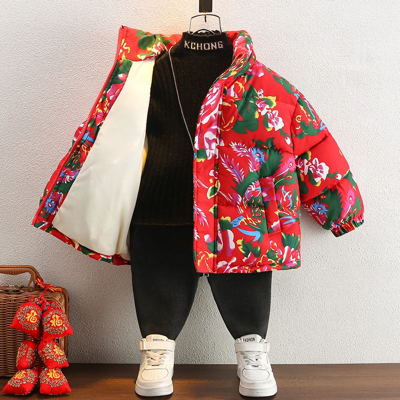 儿童棉服冬季东北大花棉袄宝宝外套男童加厚冬装棉衣女童秋冬上衣