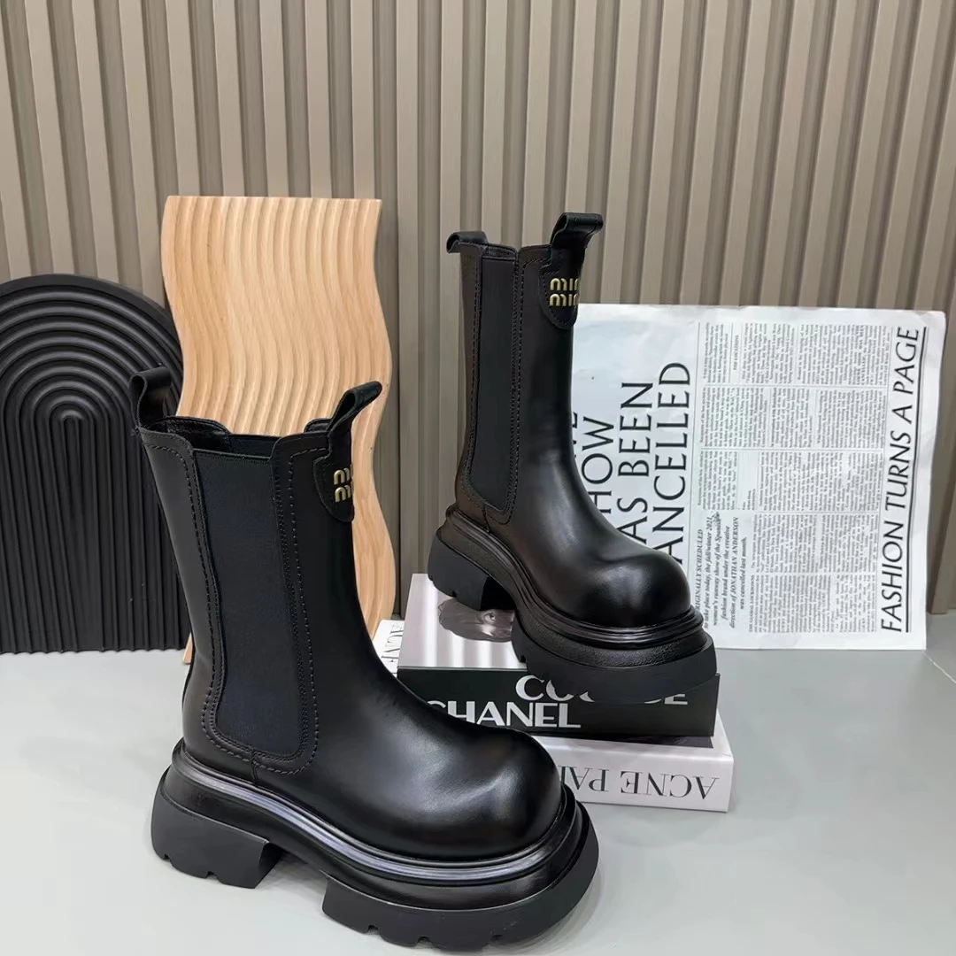 MSDD增高7厘米加绒中筒烟筒靴女复古增高套筒瘦瘦靴短靴马丁靴